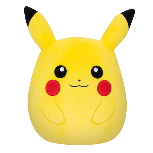 Peluche Squishmallows Pikachu Pokémon 25 cm vue de face avec ses joues rouges
