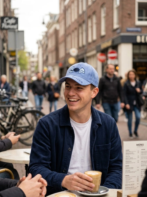 Casquette Stitch adulte portée par un jeune homme en terrasse de café