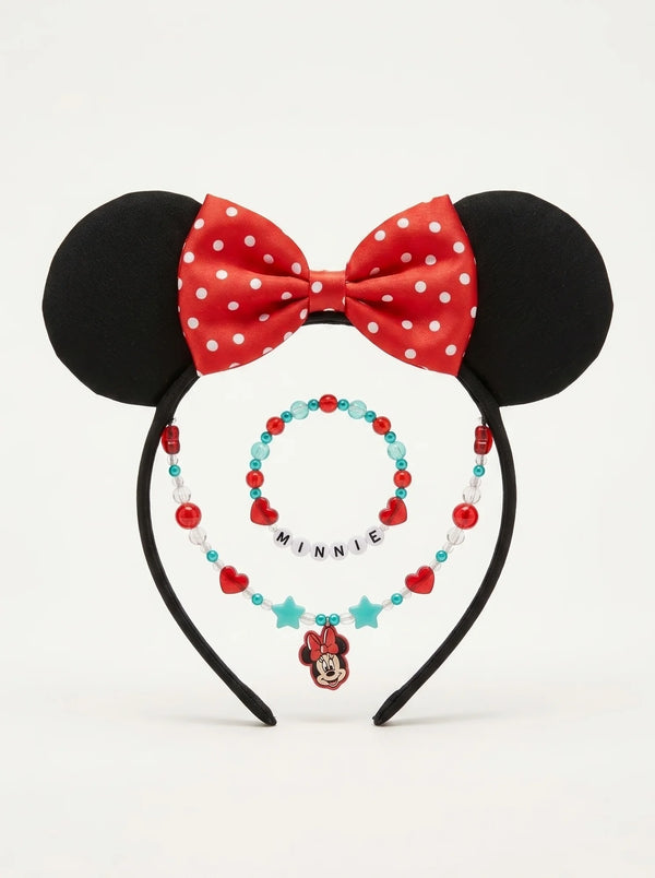 Set 3 Bijoux Minnie Mouse Fille - Collier, Bracelet et Bague Nœud Rouge