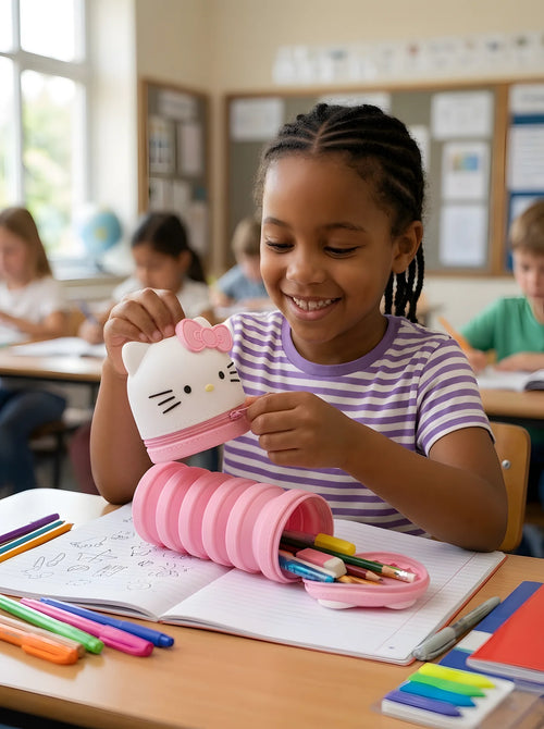 Trousse Hello Kitty Scolaire Rose - Rangement Crayons et Stylos en situation d'utilisation