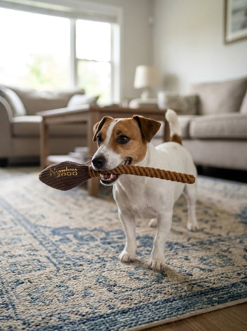 Jouet pour chien Harry Potter balai en corde 37 cm en situation d'utilisation