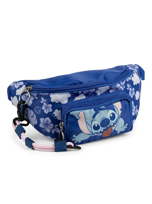 Sac banane Stitch bleu à fermeture éclair, vue d'ensemble sur fond blanc