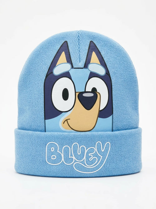 Bonnet Bluey Enfant Bleu en Maille Extensible, vue d'ensemble sur fond blanc