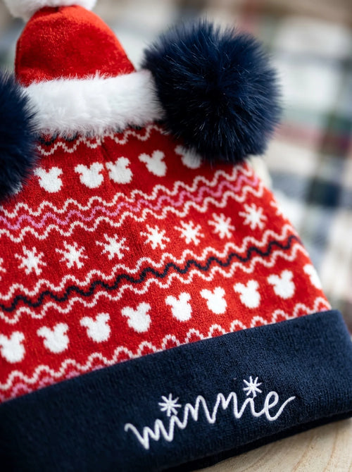 Gros plan sur les détails : Bonnet Minnie Mouse Enfant de la Gamme Noël