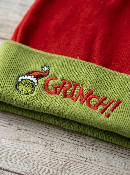 Gros plan sur les détails : Bonnet The Grinch Enfant en Maille Élastique
