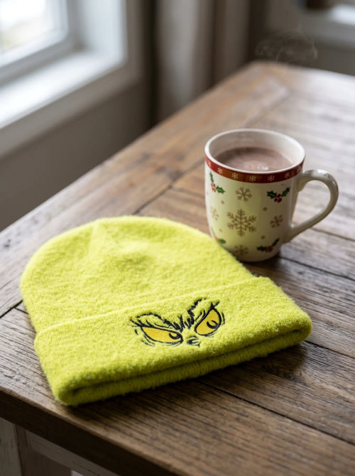 Bonnet The Grinch Enfant en Maille Douce Très Extensible mis en scène dans un décor du quotidien