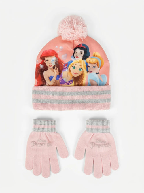 Bonnet et gants Princesses Disney fille, vue d'ensemble sur fond blanc