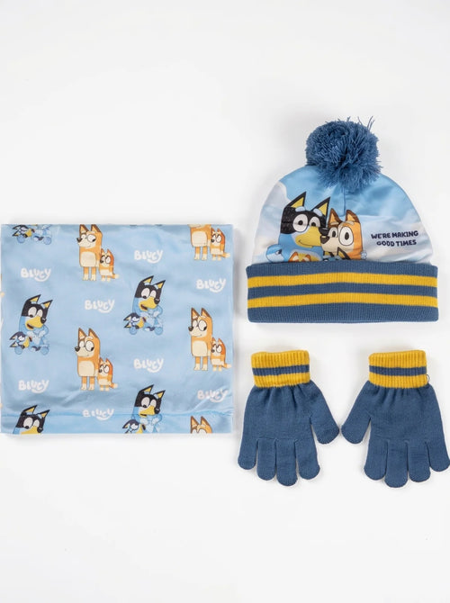 Ensemble Bluey 3 pièces : bonnet à pompon, vue d'ensemble sur fond blanc
