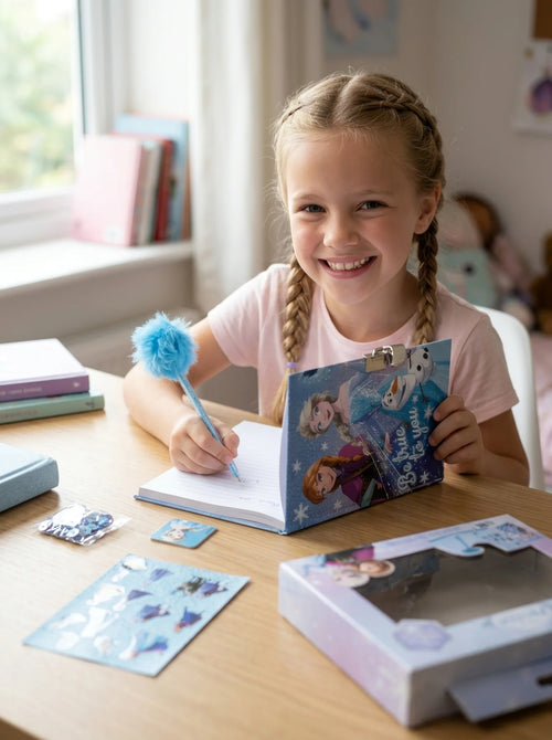 Set journal La Reine des Neiges avec stylo fuzzy en situation d'utilisation