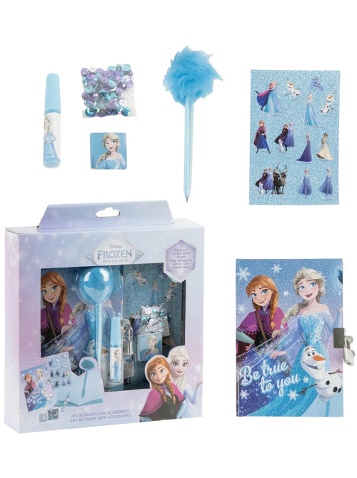 Set journal La Reine des Neiges avec stylo fuzzy, vue d'ensemble sur fond blanc