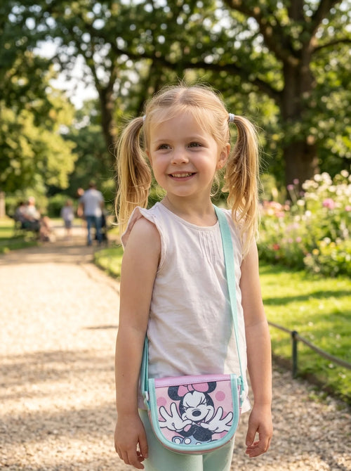 Petit sac à bandoulière Minnie Mouse rose en situation d'utilisation