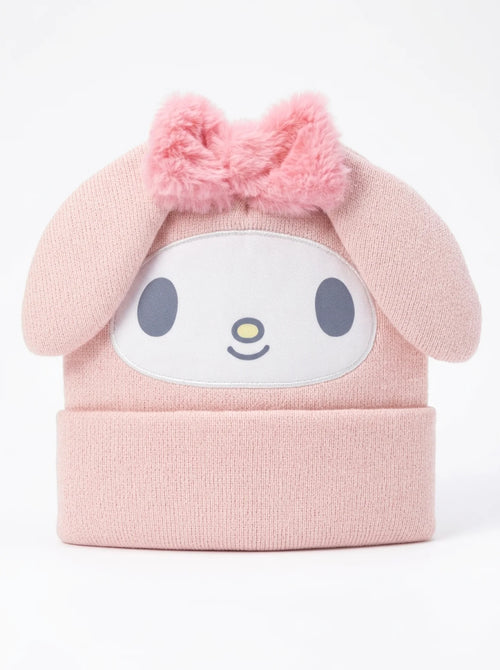 Bonnet en maille Hello Kitty rose, vue d'ensemble sur fond blanc