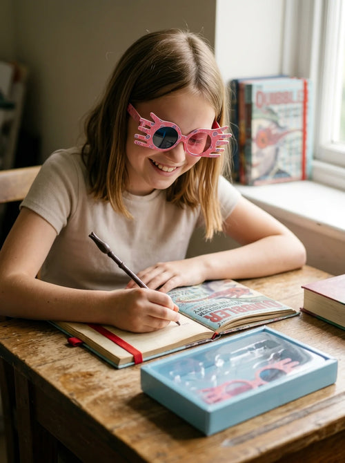 Set de papeterie Harry Potter Luna Lovegood rose en situation d'utilisation