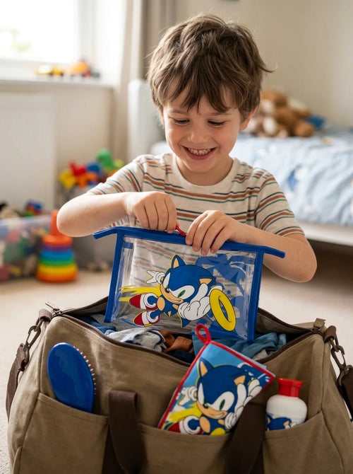 Set de toilette Sonic SEGA : trousse transparente 23 x 15 x 6 cm en situation d'utilisation