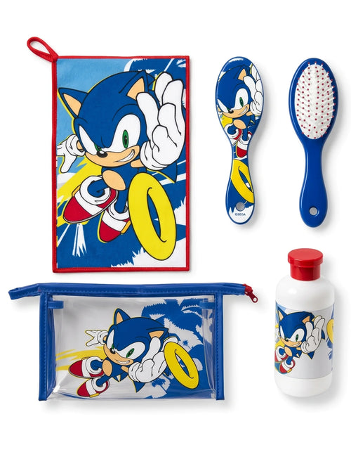 Set de toilette Sonic SEGA : trousse transparente 23 x 15 x 6 cm, vue d'ensemble sur fond blanc