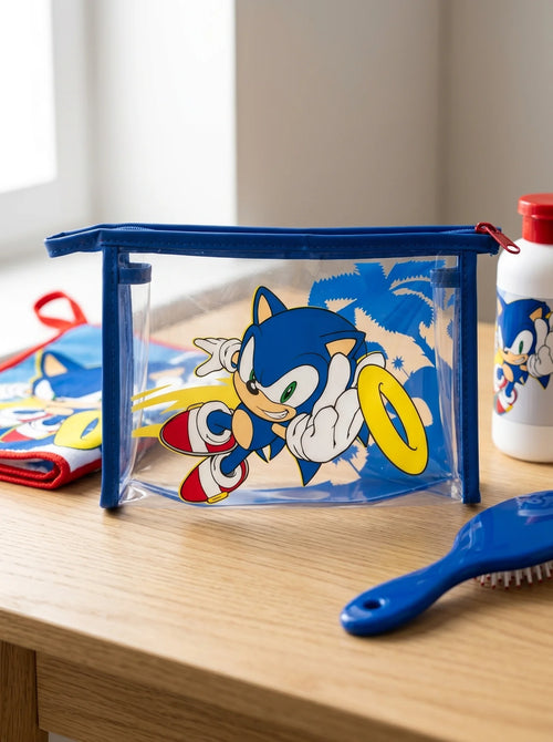 Gros plan sur les détails : Set de toilette Sonic SEGA : trousse transparente 23 x 15 x 6 cm