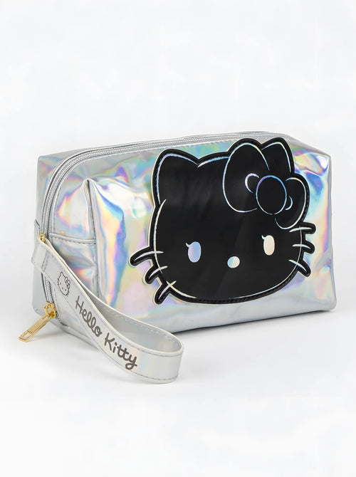 Trousse de Toilette Hello Kitty Argentée Holographique Simili Cuir, vue d'ensemble sur fond blanc