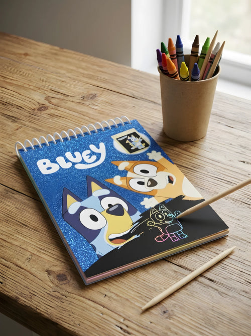 Set de Papeterie Bluey Carnet à Gratter et Stylo mis en scène dans un décor du quotidien