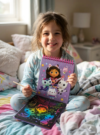 Carnet à Gratter Gabby et la Maison Magique Pailleté avec Stylo mis en scène dans un décor du quotidien