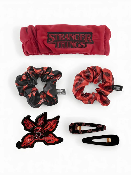 Set accessoires cheveux Stranger Things Demogorgon bandeau et pinces, vue d'ensemble sur fond blanc