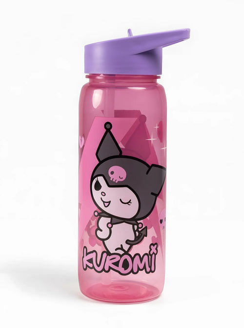 Gourde Kuromi Sanrio 600 ml en plastique PP rose translucide, vue d'ensemble sur fond blanc