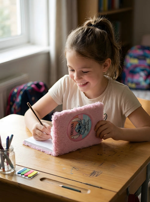 Carnet Stitch A5 couverture peluche rose en situation d'utilisation