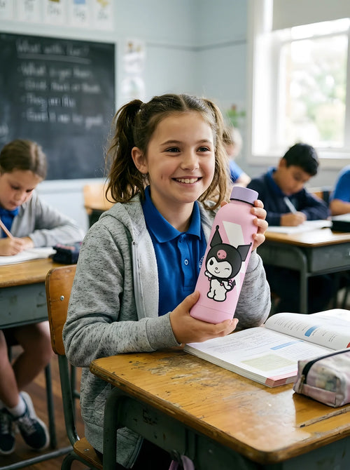 Gourde Kuromi inox 800 ml rose « Cheeky but charming » en situation d'utilisation