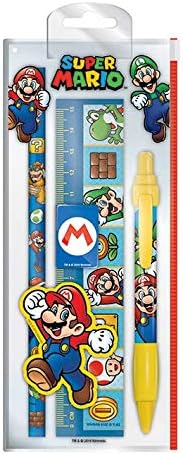 Détail des motifs Super Mario colorés sur les fournitures de papeterie pour enfant