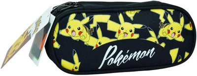 Trousse scolaire ovale Pokémon Pikachu double niveau sur fond noir