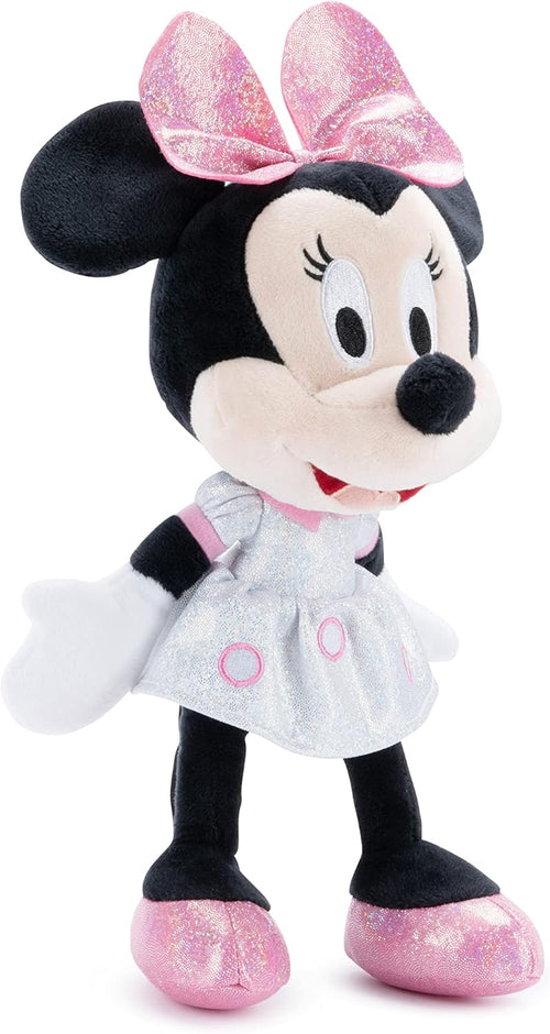 Détail de la robe pailletée et des chaussures de la peluche Minnie Mouse