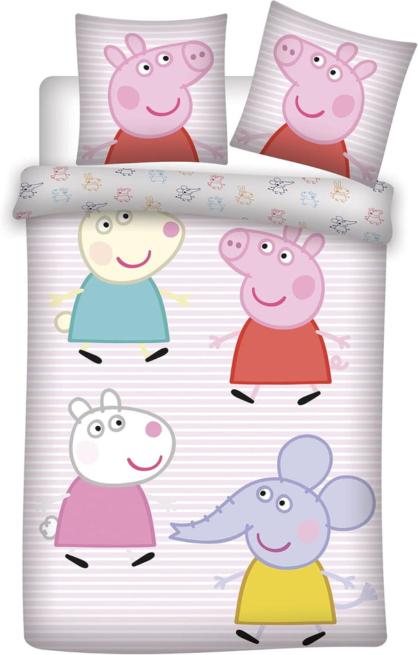 Parure de lit Peppa Pig en coton avec housse de couette rose lignée et taie assortie pour lit enfant