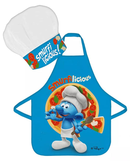 Ensemble tablier et chapeau de chef enfant Les Schtroumpfs assorti, vue de face