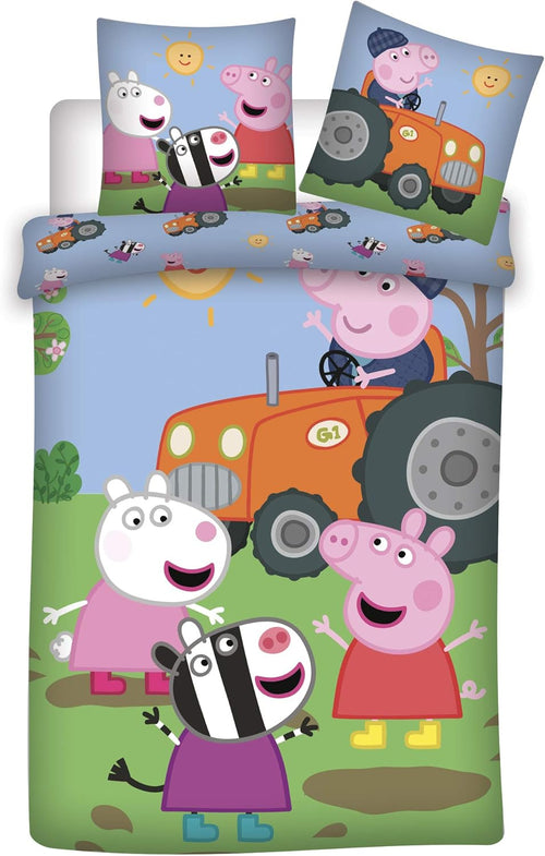 Parure de lit enfant Peppa Pig avec housse 140x200 et taie 50x70 sur fond vert et jaune