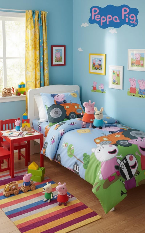 Face réversible de la housse de couette Peppa Pig avec motif campagne stylisé
