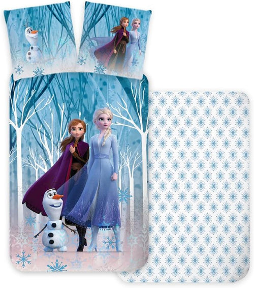Parure de lit Reine des Neiges bleue avec Elsa, Anna et Olaf sur petit lit enfant