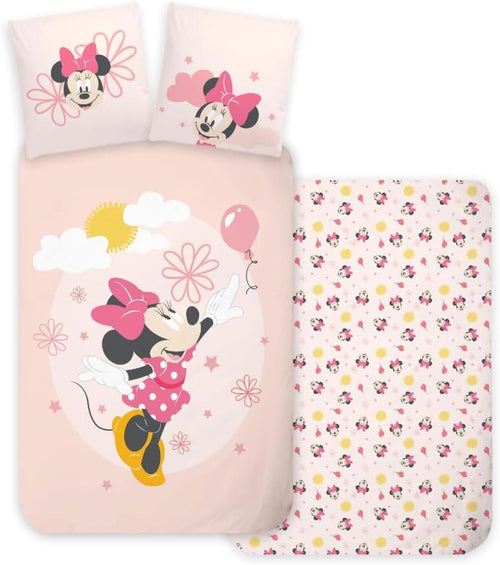 Parure de lit bébé Minnie Mouse Disney rose en coton avec housse 100x135 et taie 40x60 sur lit junior