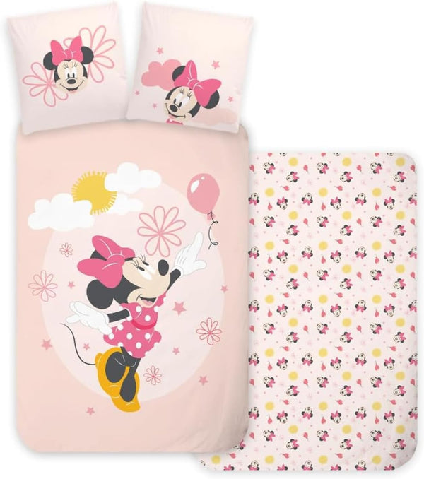 Parure de lit bébé Minnie Mouse Disney rose en coton avec housse 100x135 et taie 40x60 sur lit junior
