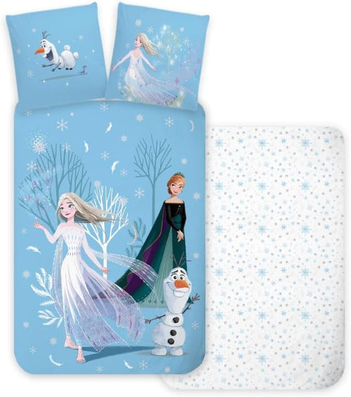 Parure de lit bébé Reine des Neiges Disney avec Elsa, Anna et Olaf sur housse de couette bleue 100x135 cm