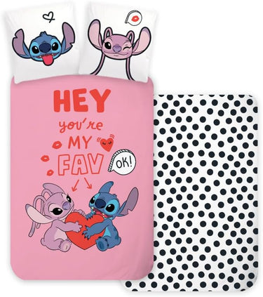Parure de lit bébé Stitch & Angel rose en coton avec housse 100x135 et taie assortie