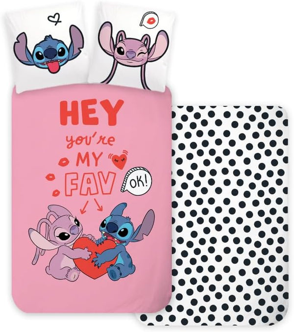 Parure de lit bébé Stitch & Angel rose en coton avec housse 100x135 et taie assortie