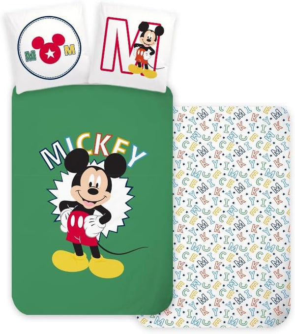 Parure de lit bébé Mickey Disney en coton vert avec housse réversible et taie assortie