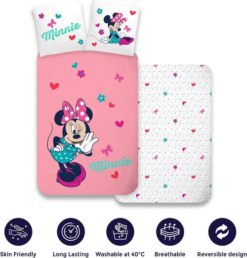 Détail du tissu en coton de la parure Minnie montrant la texture douce et les couleurs