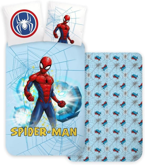Parure de lit enfant Spider-Man Marvel en coton bleu avec housse 140x200 et taie assortie