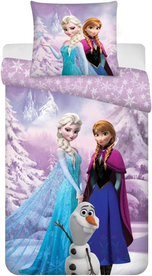 Parure de lit bébé La Reine des Neiges avec Elsa et Anna sur lit junior