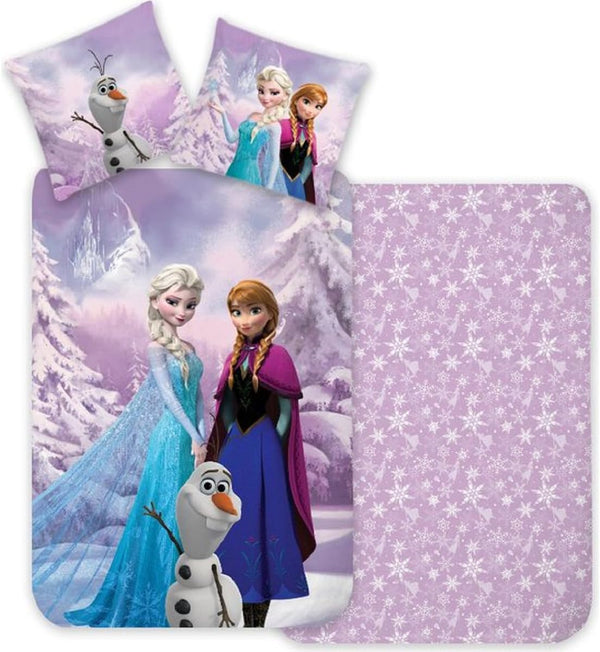 Parure de lit bébé Reine des Neiges violette avec Elsa, Anna et Olaf sur housse de couette et taie assortie
