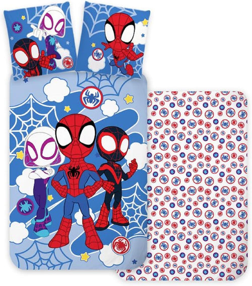 Parure de lit bébé Spidey bleue avec housse de couette et taie assortie sur lit enfant