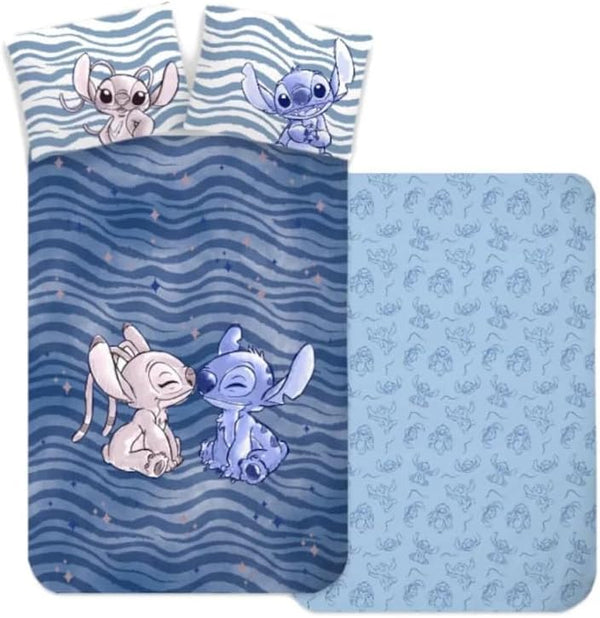 Parure de lit bébé Stitch & Angel Disney en coton bleu, housse 100x135 cm et taie assortie