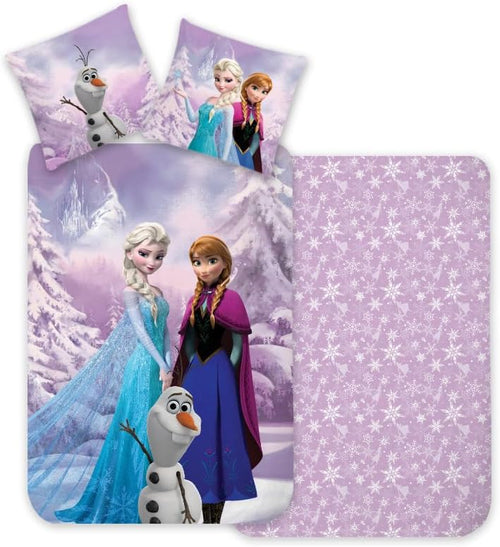 Parure de lit enfant La Reine des Neiges en coton avec housse 140x200 et taie 70x90 décorées d’Anna et Elsa