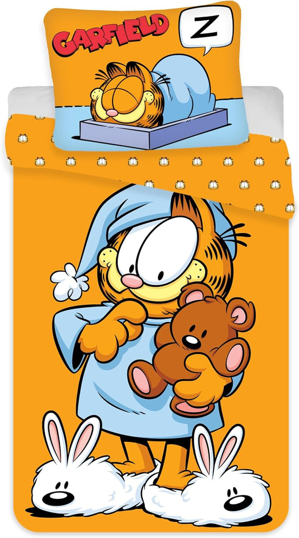 Parure de lit Garfield complète sur lit bébé avec housse et taie assortie