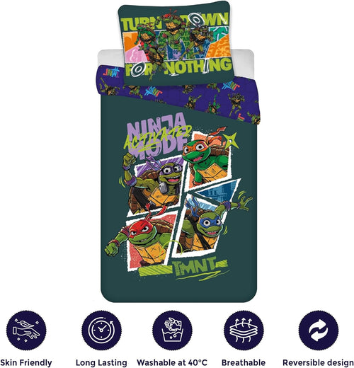 Face réversible de la housse de couette avec motifs de symboles et armes TMNT répétés